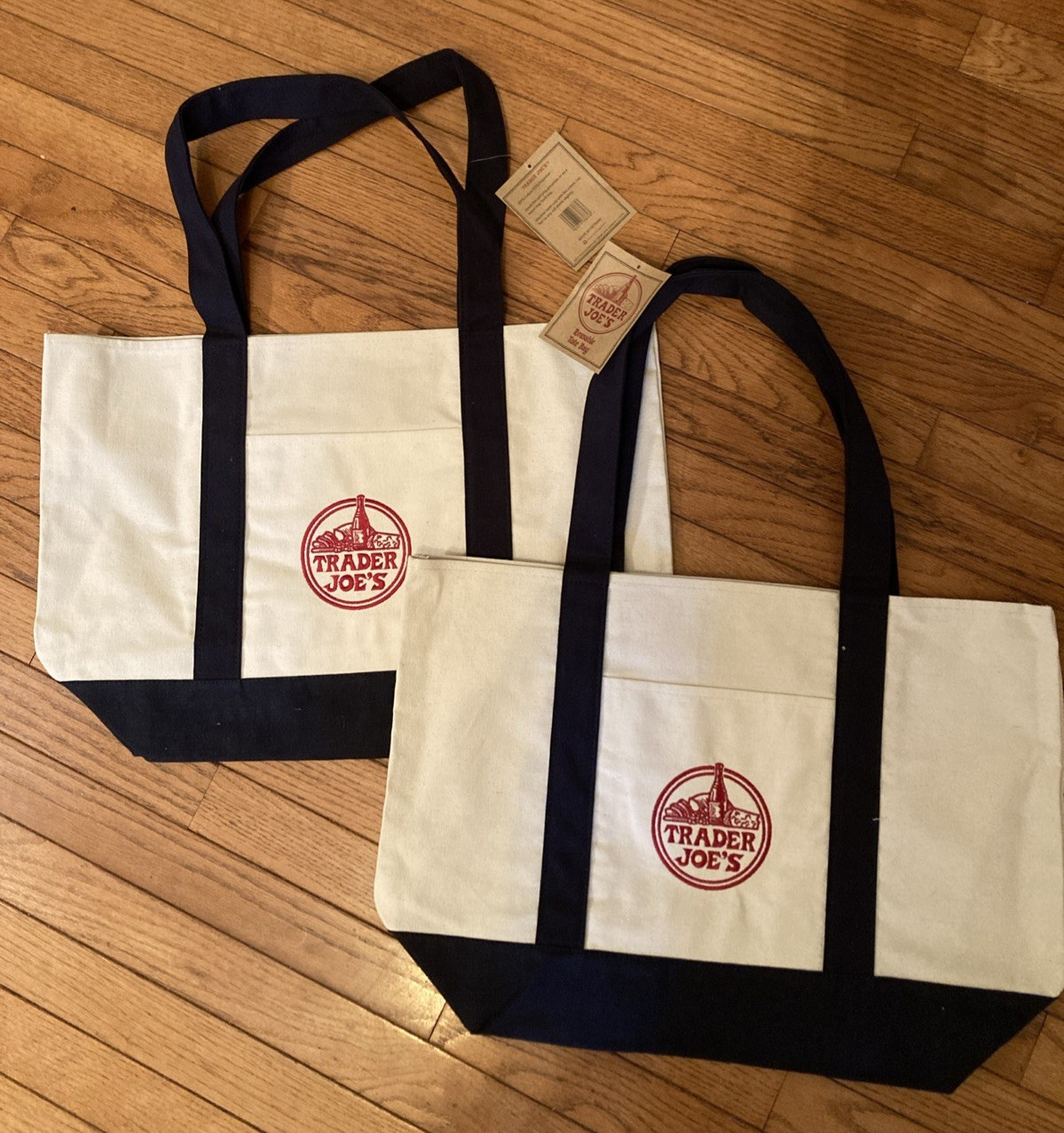 2 PC Trader Joes 2026 LARGE CLASSIC NAVY Canvas Shop Tote Bags NWT- SHIPS NOW