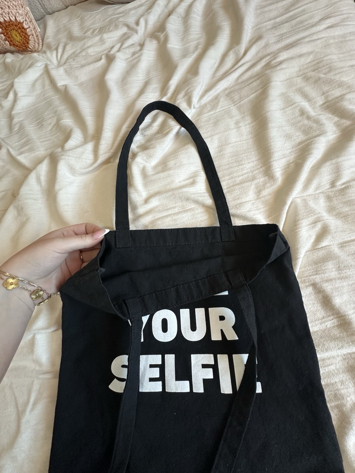 QUAY Black Canvas Reusable Tote Bag Love Your Selfie Text Pattern