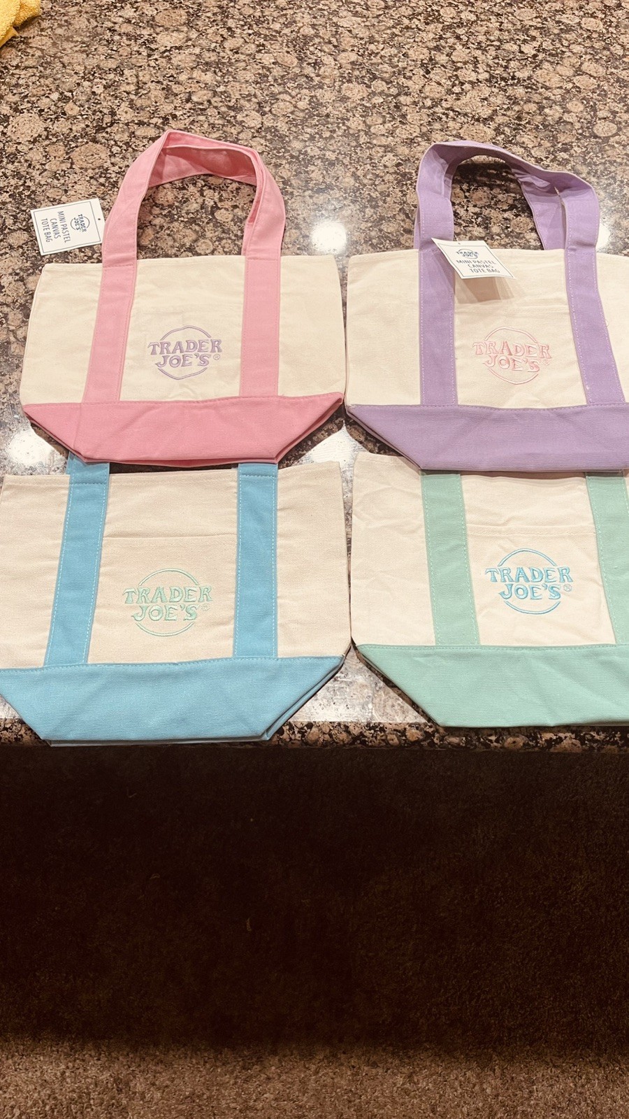 Trader Joe’s – Mini Pastel Canvas Tote Bag Set Of 4 NWT Blue Green Pink Purple