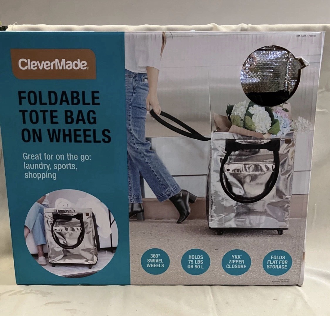 CleverMade Foldable Tote Bag on Wheels Soft Grip Silver Capacity: 90L & 75 lbs.