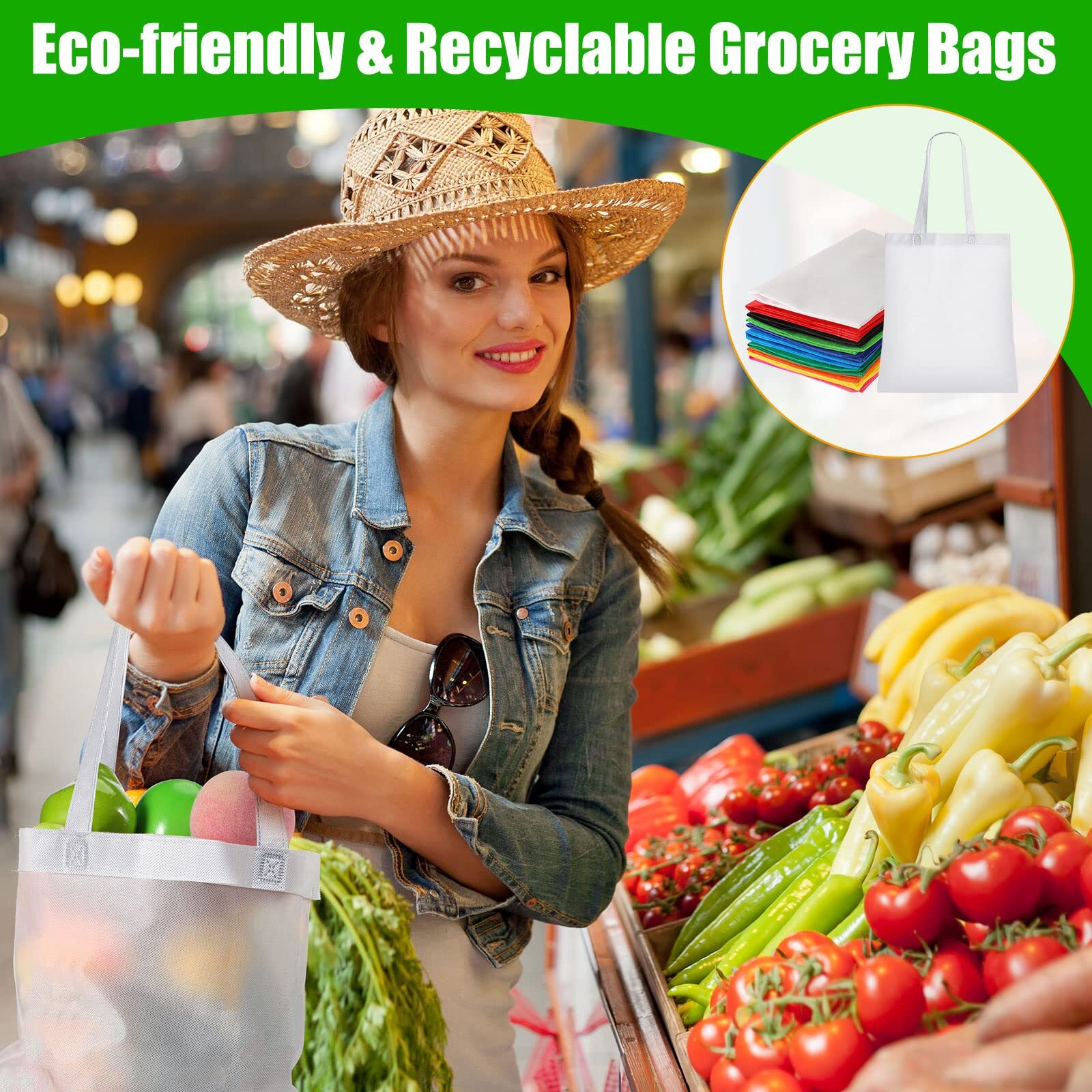 50 Pack Non Woven Bags with Handles 13 x 15 Inch Reusable Tote Bulk Grocery G…
