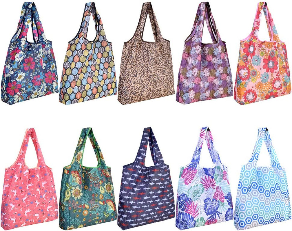 Reusable Grocery Shopping Bags Foldable Tote Attached Pouch, Machine Washable