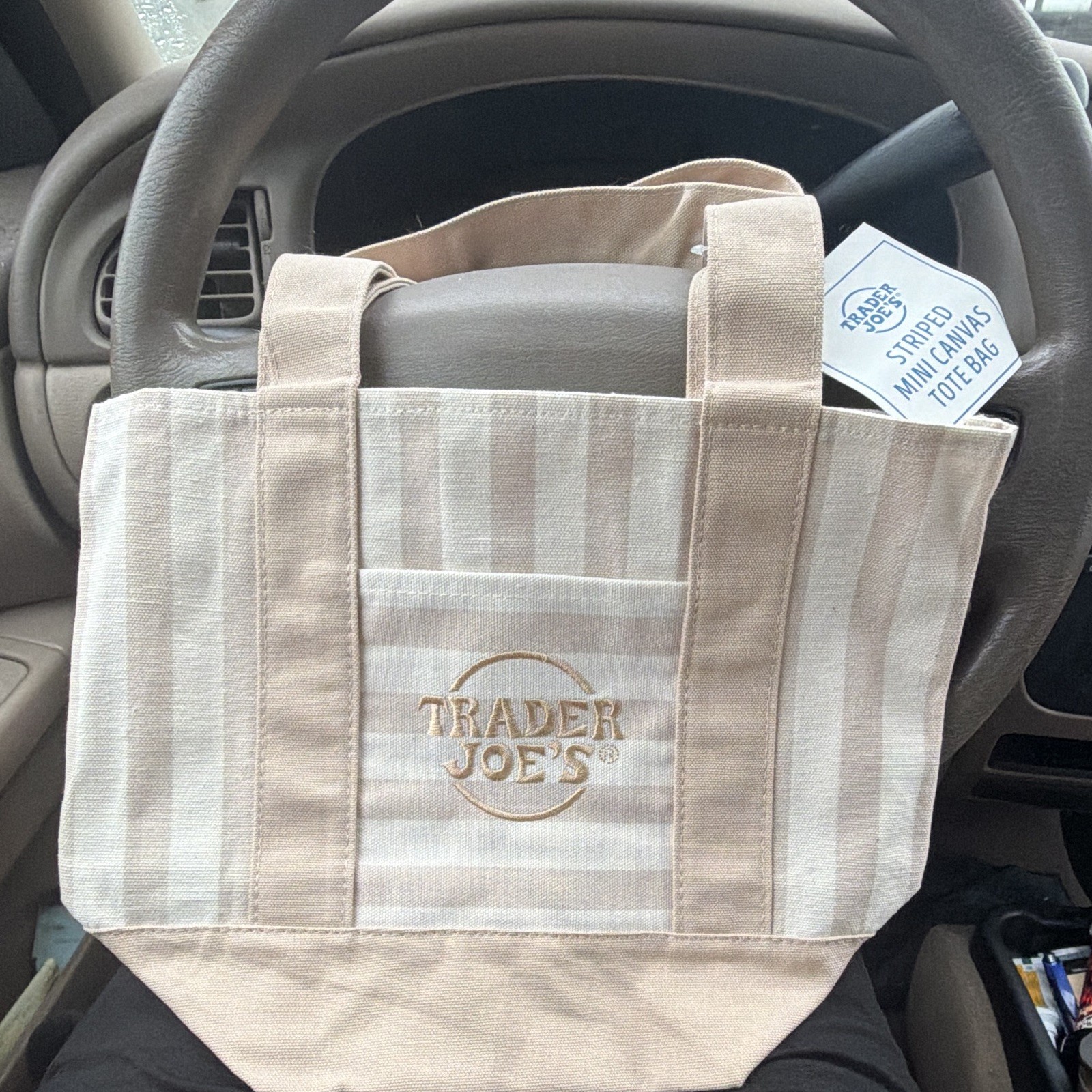 Trader Joe’s Striped Mini Canvas Tote Bag Beige/White Cotton Polyester
