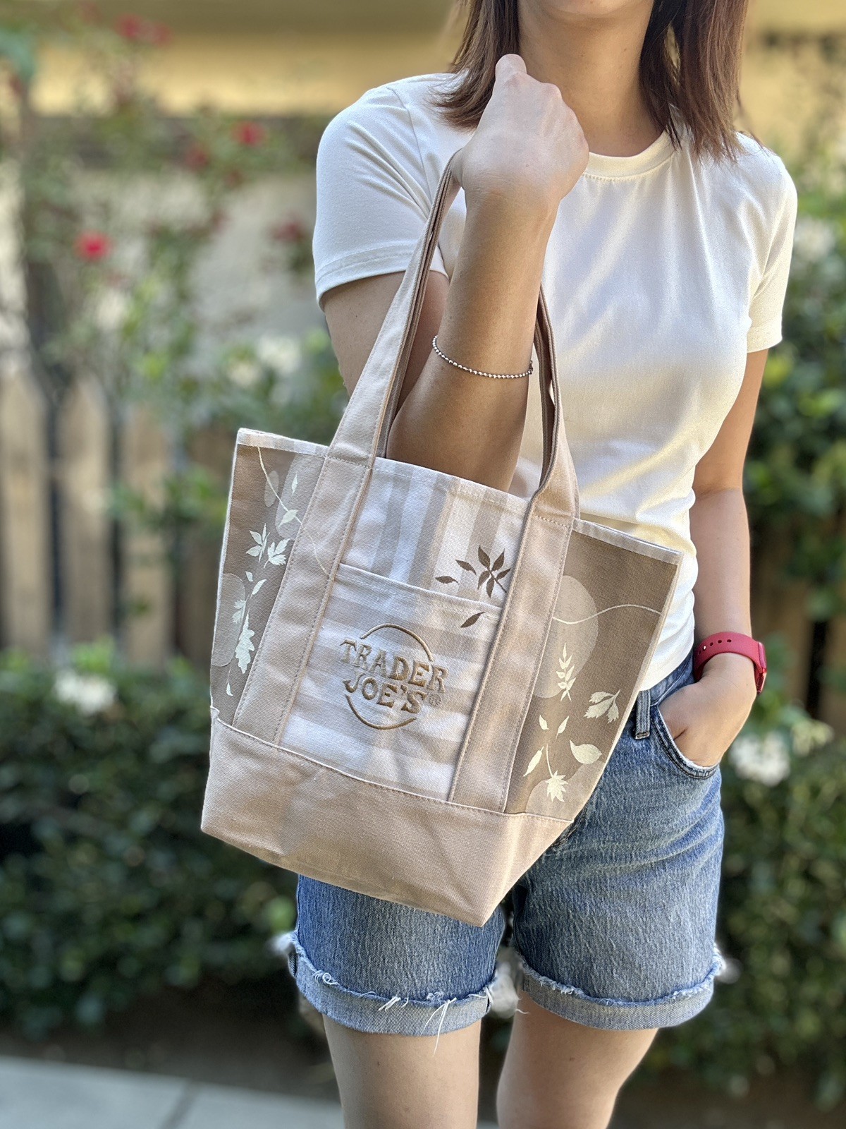Made To Order – Hand-Painted Trader Joe’s Striped Mini Beige Tote — Fall leaves