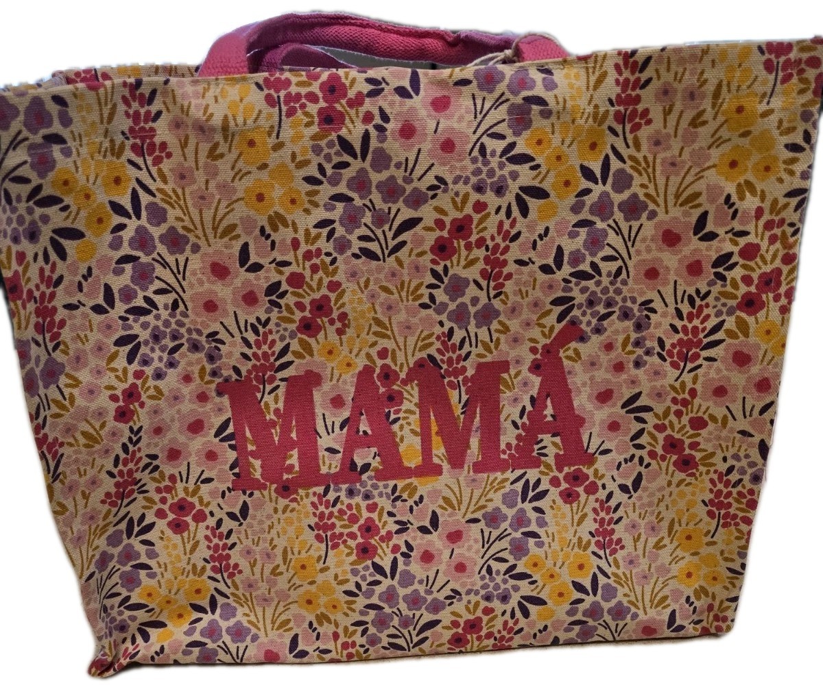 NWT Tote Bag “MAMA” TEXT Floral Reusable Shopper Pink Canvas Grocery Beach Gift