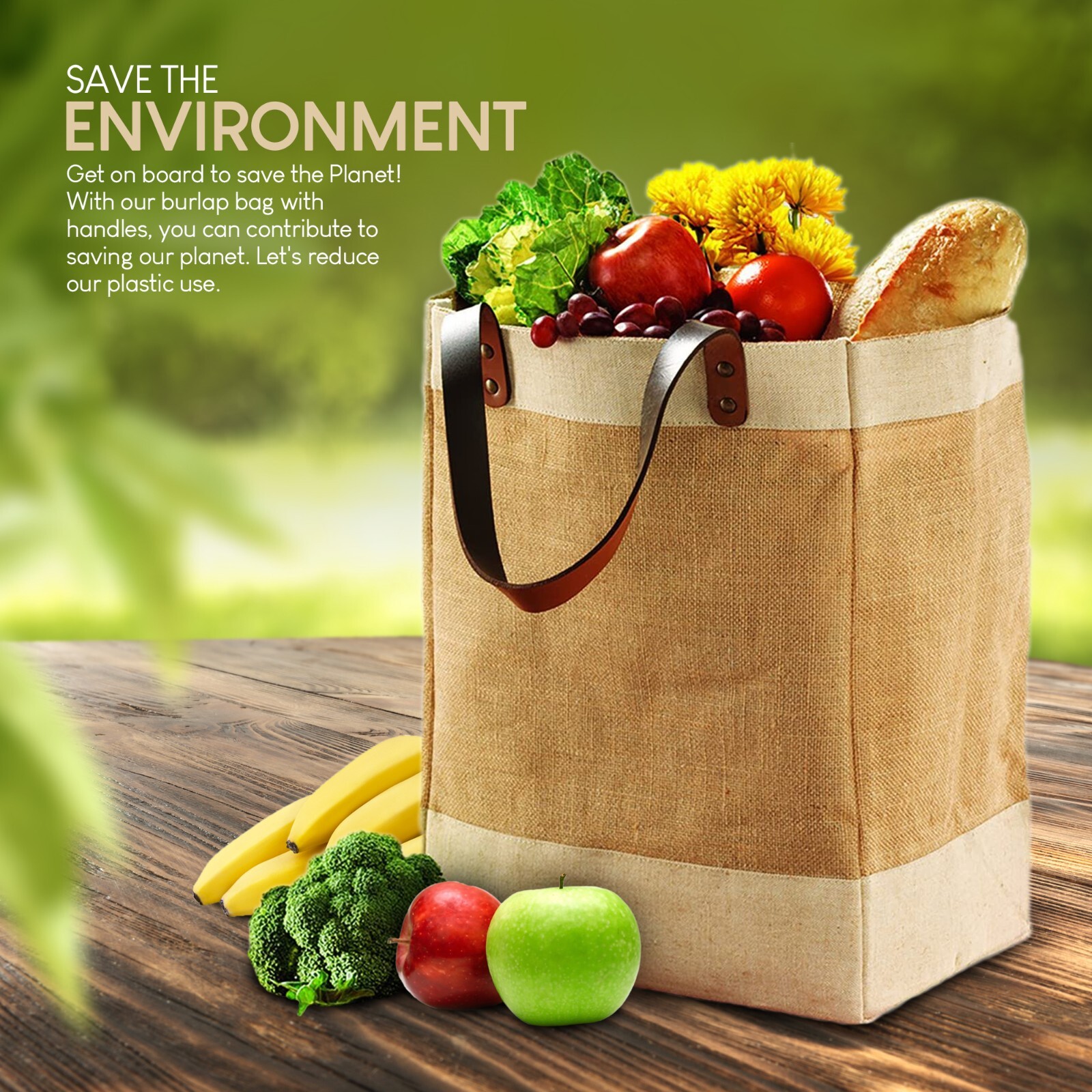 Reusable Jute French Market Tote Burlap Grocery Bags with Faux Leather Straps