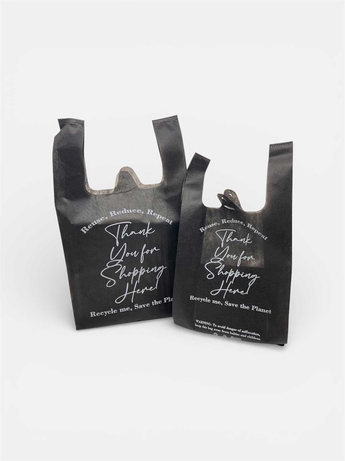 1800 pcs Non-Woven Reusable Bulk T-Shirt Thank You Black Grocery Bag 12x7x22