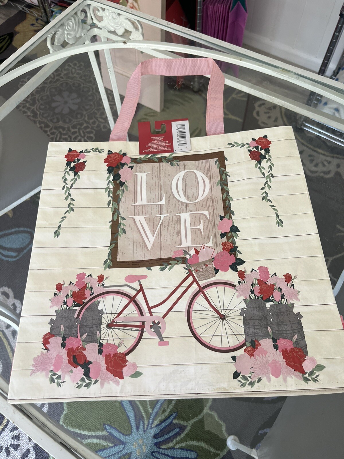 🌷Darling LOVE PINK ROSES Gusset Spring time BICYCLE REUSABLE shopping tote 🌷