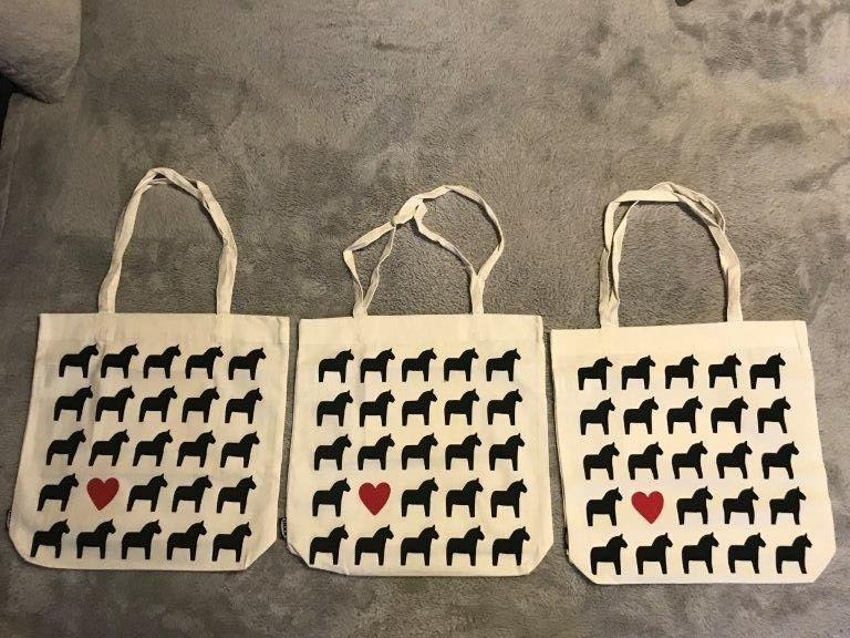 IKEA HASTHAGE “LOT OF 3” DALA HORSE RED HEART WHITE/BLACK TOTE BAGS [NEW]