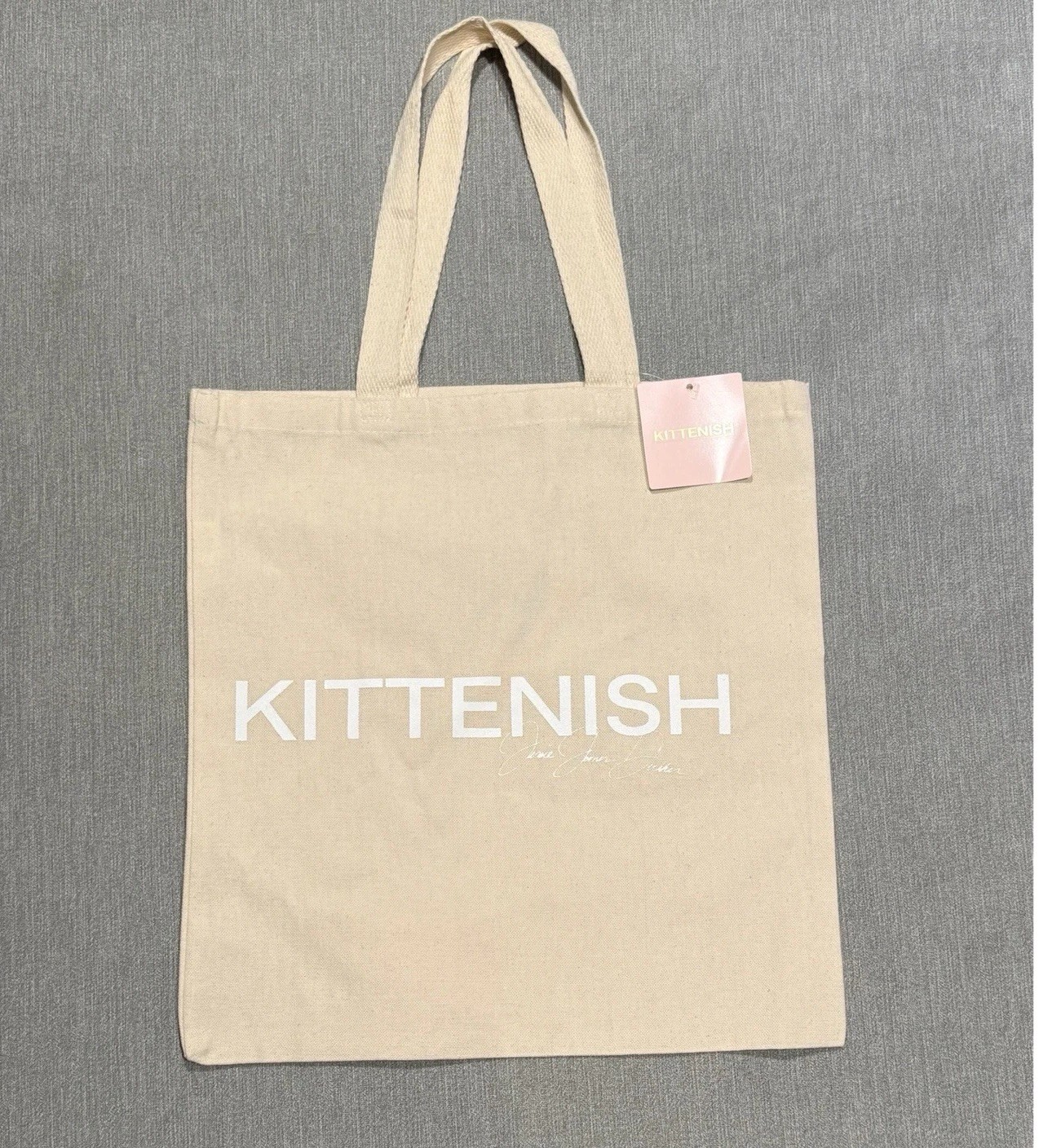 Kittenish Beige Canvas Foldable Reusable Shopping Bag Medium Text Pattern
