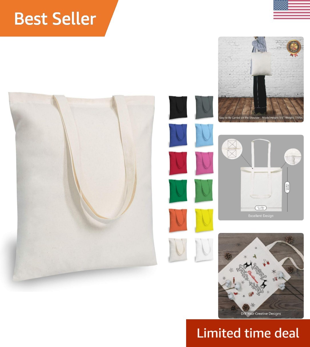 3 | 6 | 12 | 24 | 48 | 192 Pack Economical Cotton Tote Bags, Lightweight Medi…