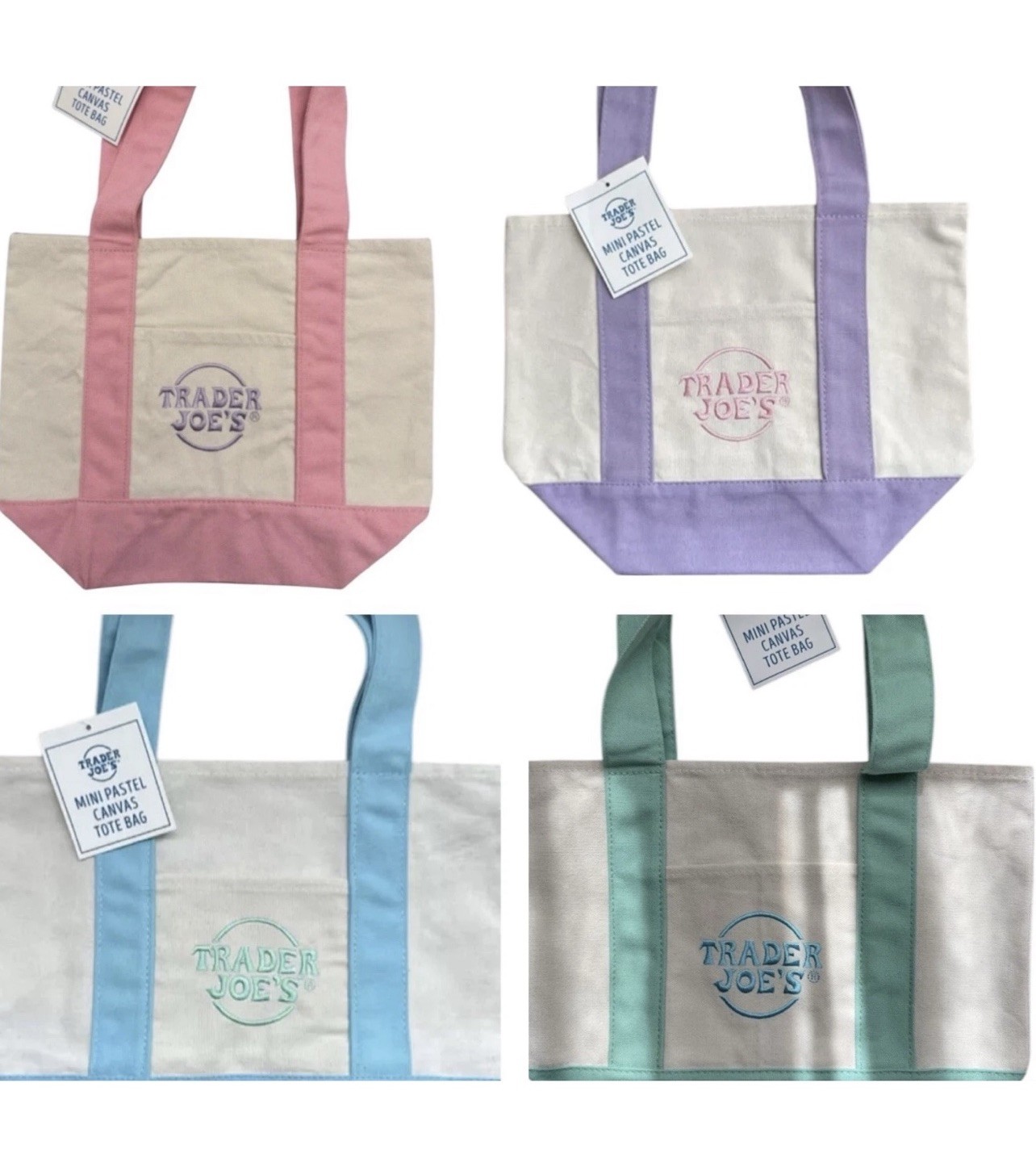 Trader Joe’s Mini Canvas Tote Bag Pastel Pink Green Blue Lavender 4 Set 🛍️💜