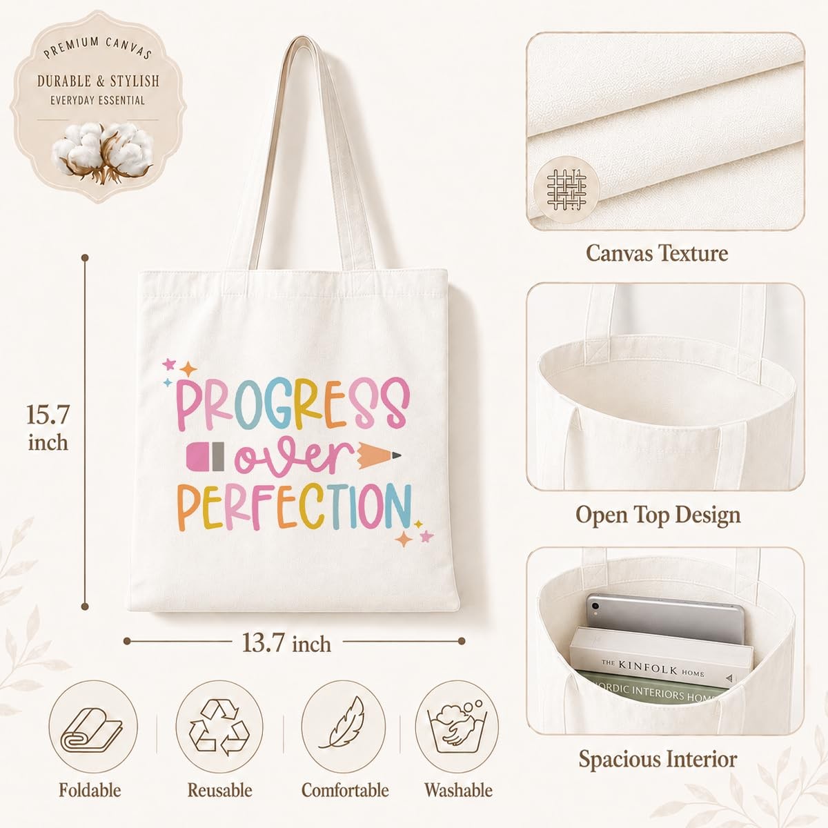 Inspirational Canvas Tote Bag, Progress Over Perfection Tote Bag, Casual Canv…