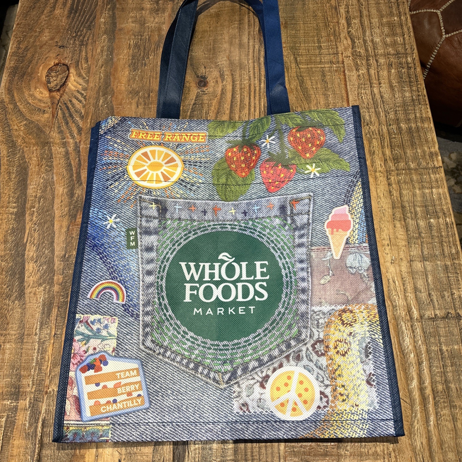 NWT New!! Whole Foods reusable Bag Fun Denim Embroidery Boho Large Machine Wash