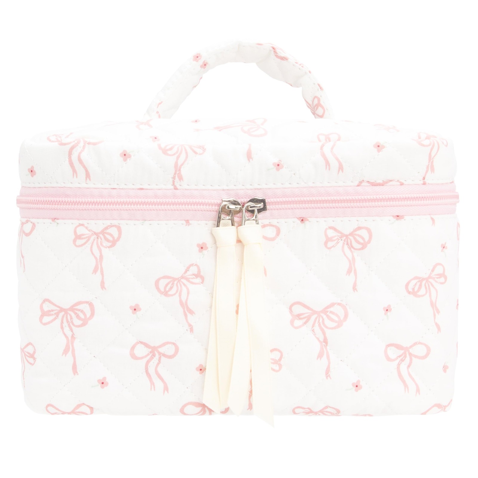 Quilted Makeup Bag Large Travel Zipper Soft Cosmetic Case 1 PCS Bag, Bow Pink