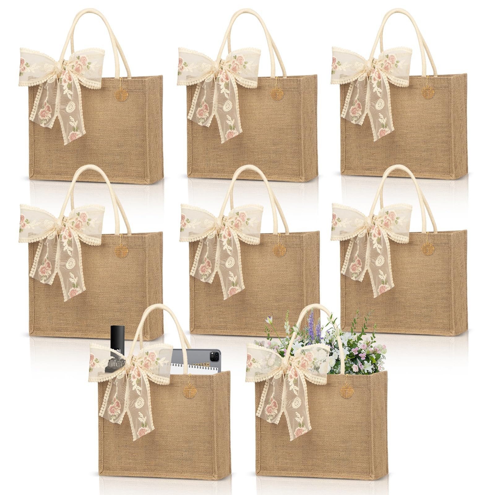3 PCS Reusable Burlap Jute Tote Bags PE Lined WaterResistant 13x9x5 Inch