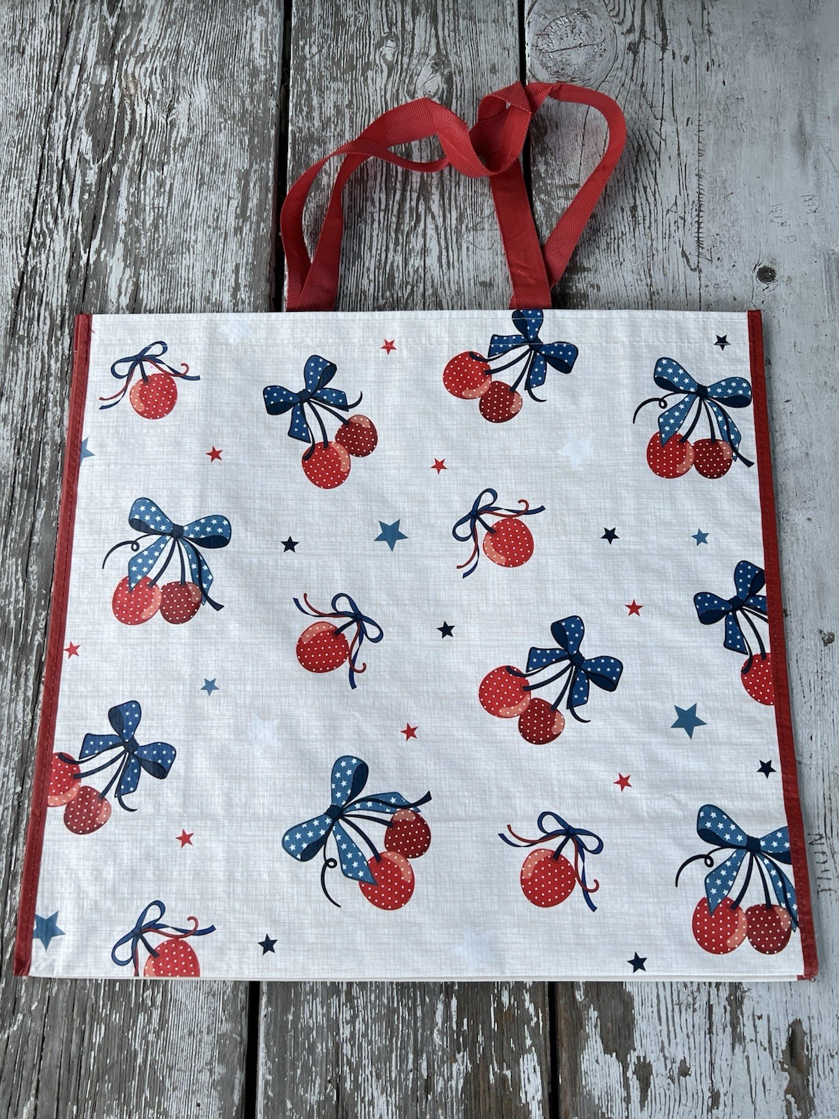 Cherry Red White Blue Shopping Gift Bag Reusable Large Tote Summer USA July 4th