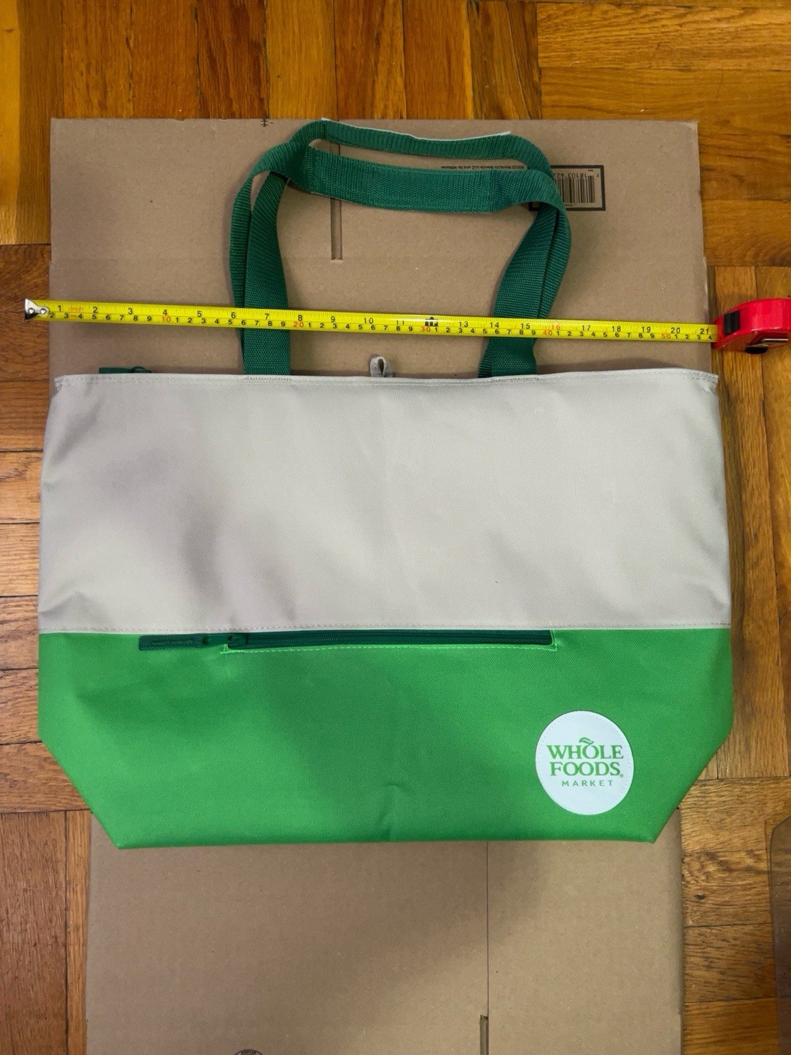 Whole Foods Market Green Gray Reusable Tote Bag Zip Pocket Grocery Shopping Bag