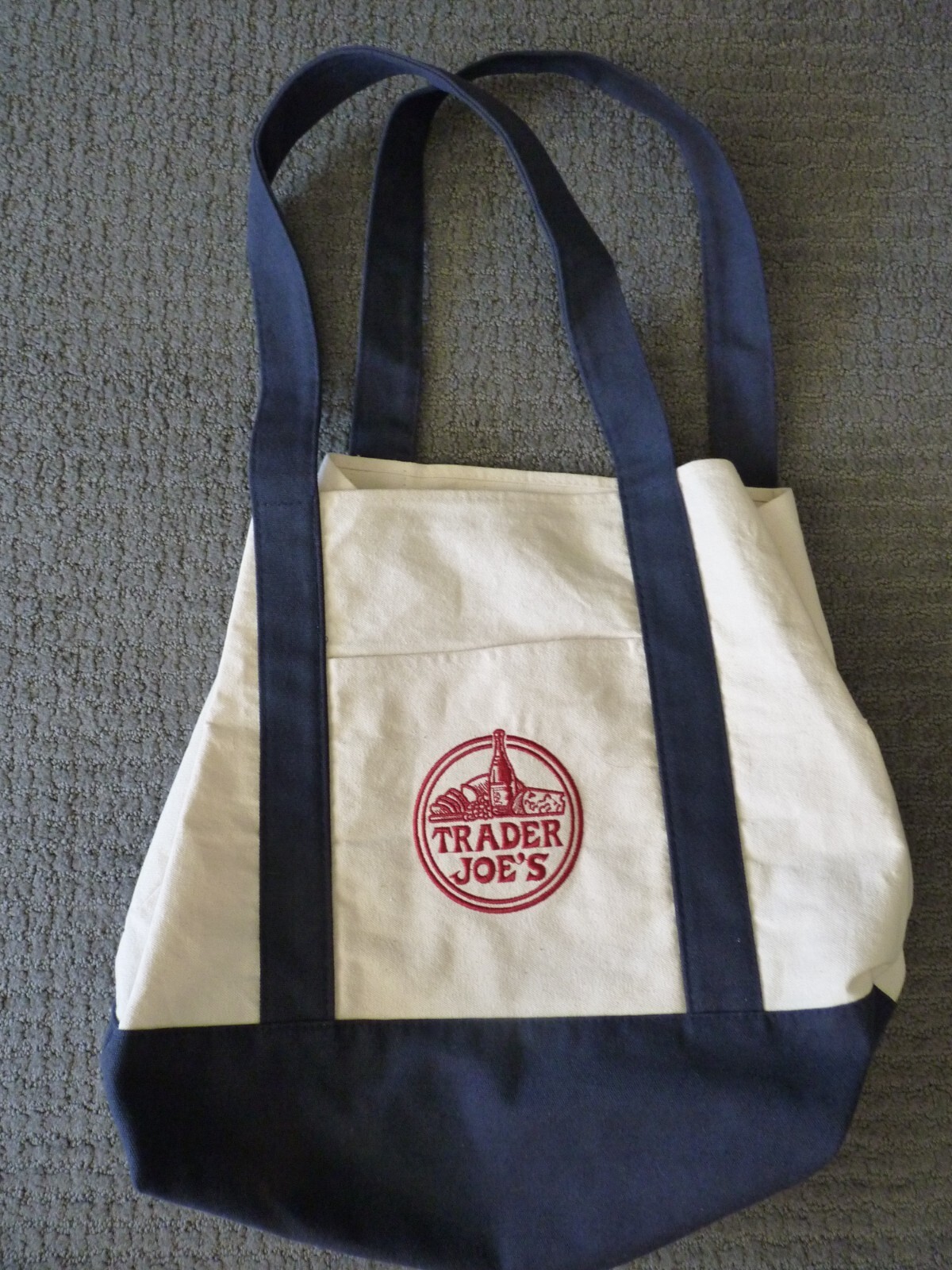 Trader Joe’s Reusable Canvas Eco Tote Bag Blue White Red Logo