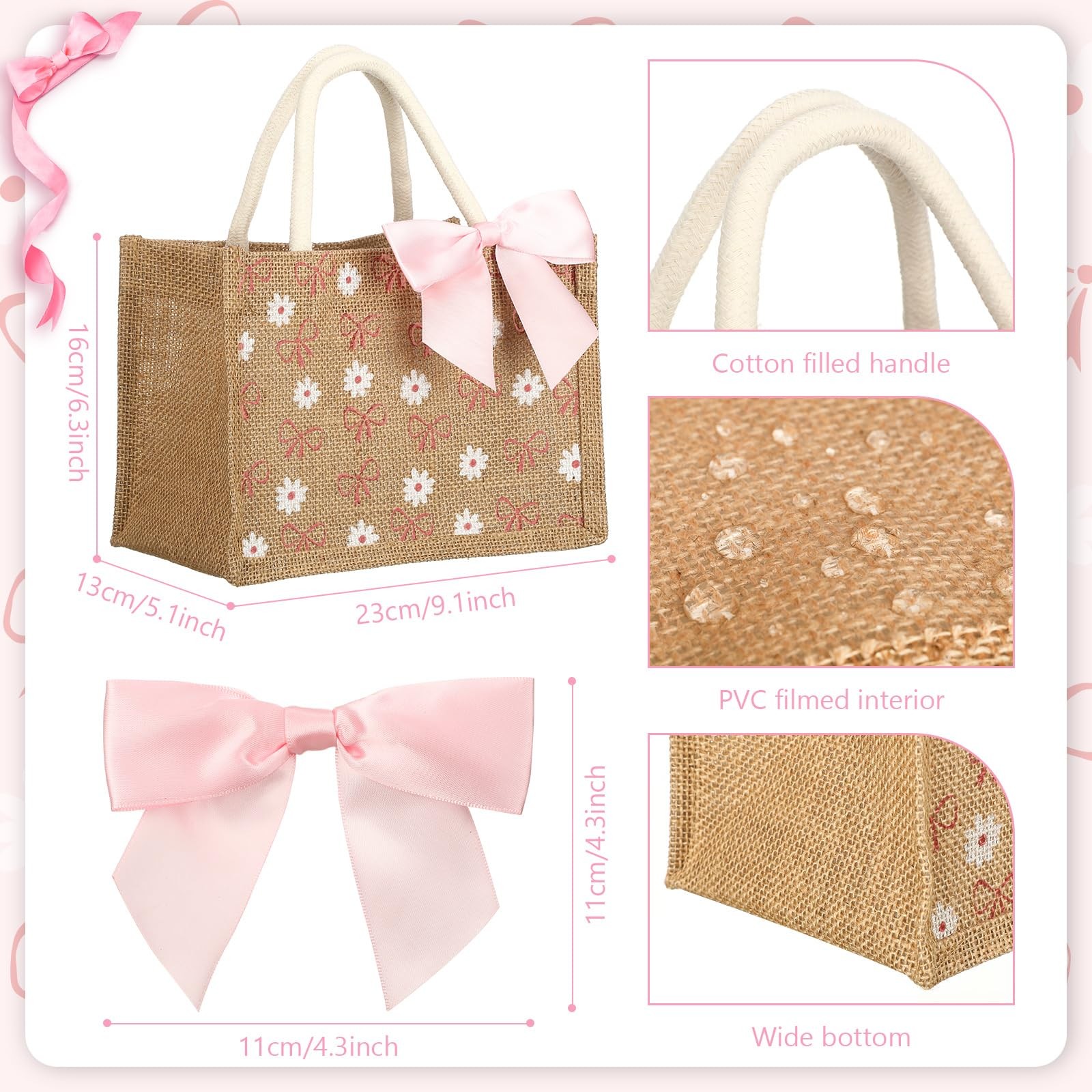 12 Pcs 9×6.3×5.1 inch Burlap Tote Bag with Pink Ribbon Bow Coquette Daisy