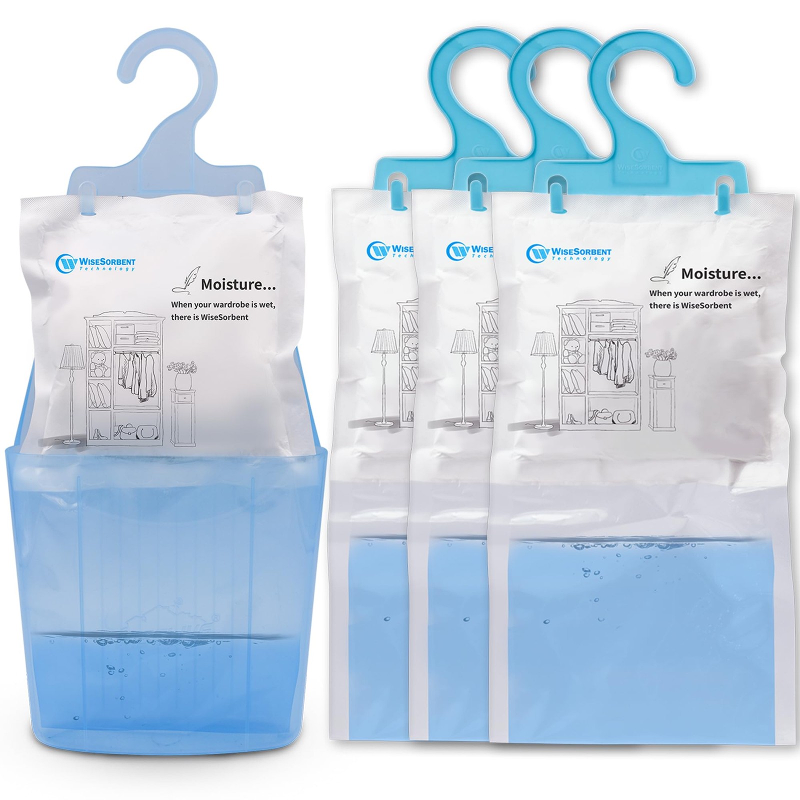 Wisesorb Moisture Absorber Packets with Plastic Case & 4 Piece Set, Blue