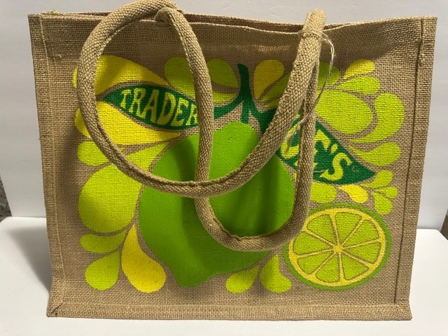 Trader Joes Lemon Lime Jute Burlap Tote Bag NEW Reusable 17” X 13.5” X 9″ Bag