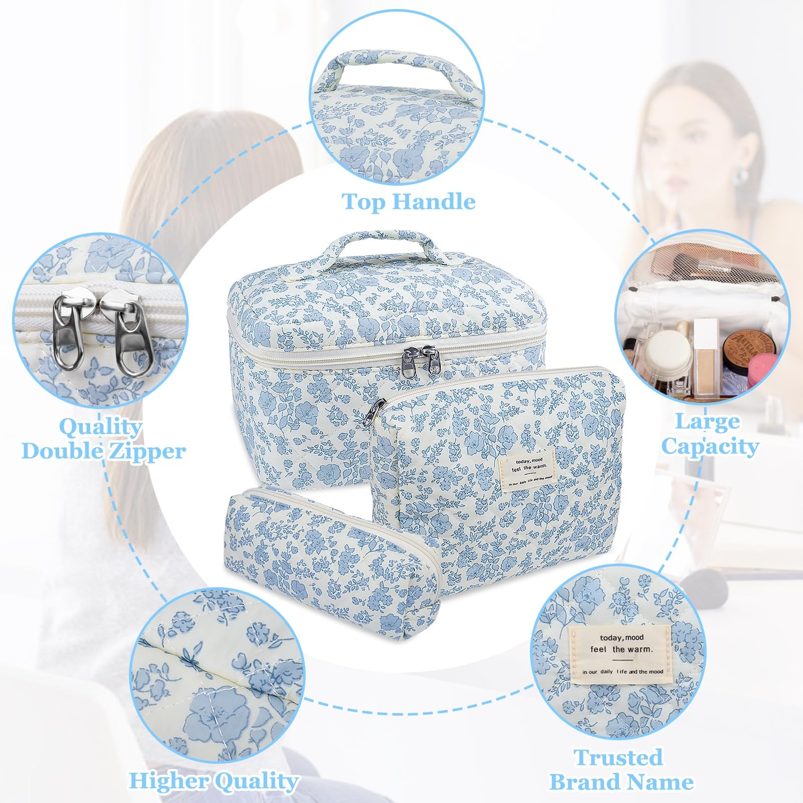 Gosect Makeup Bag, Large Quilted Cosmetic Big 10 x 6 x 6 inches, BDLH