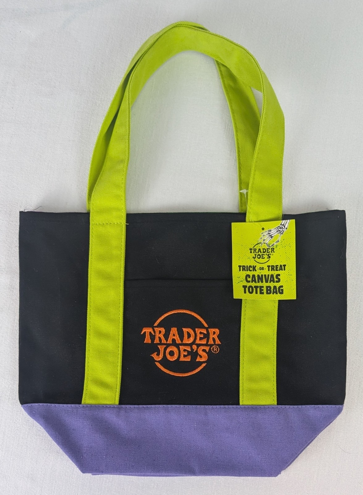 Trader Joe’s Trick Or Treat Canvas Tote Bag Halloween Black Green Purple