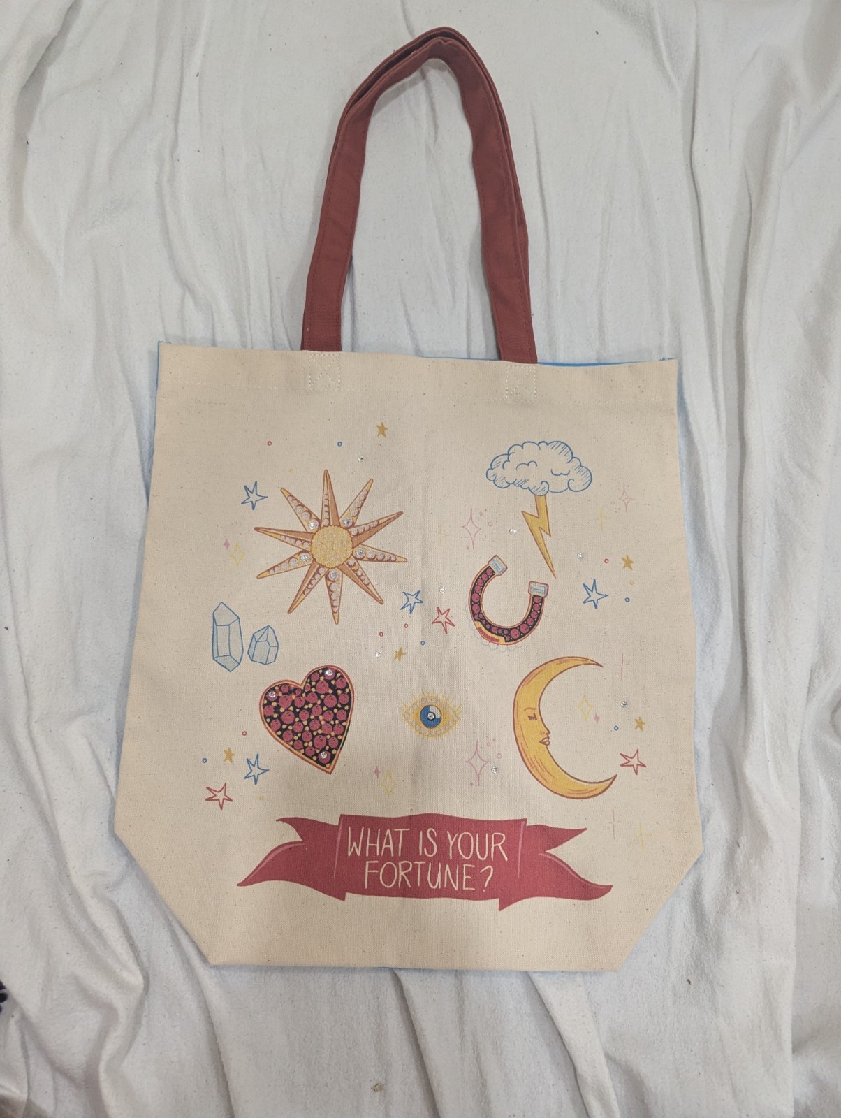 Swarovski Reusable Tote Bag Blue Beige Red Graphic Print 15x14x4 in