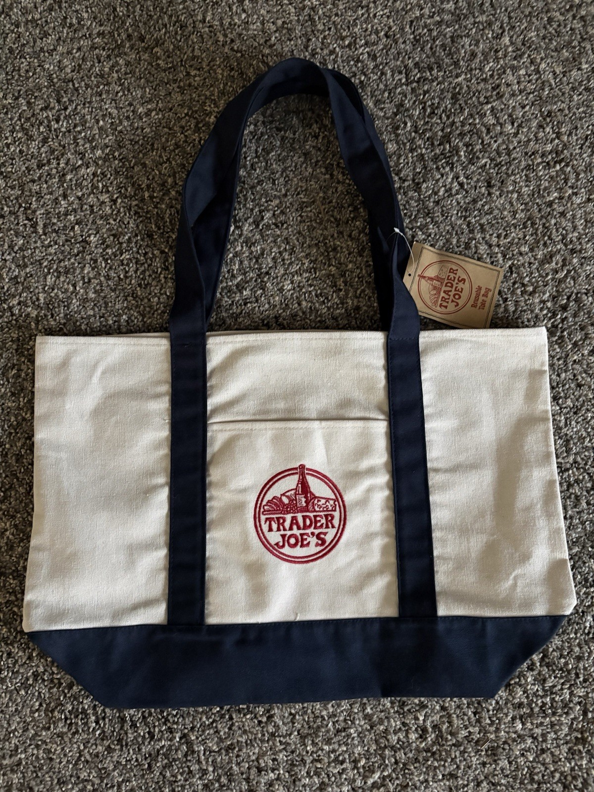 Trader Joe’s Canvas Tote Reusable Foldable Bag Beige Navy Blue