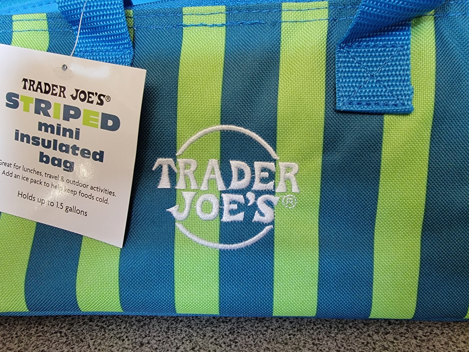 Trader Joe’s blue striped new just released insulated tote bags 1.5 gal