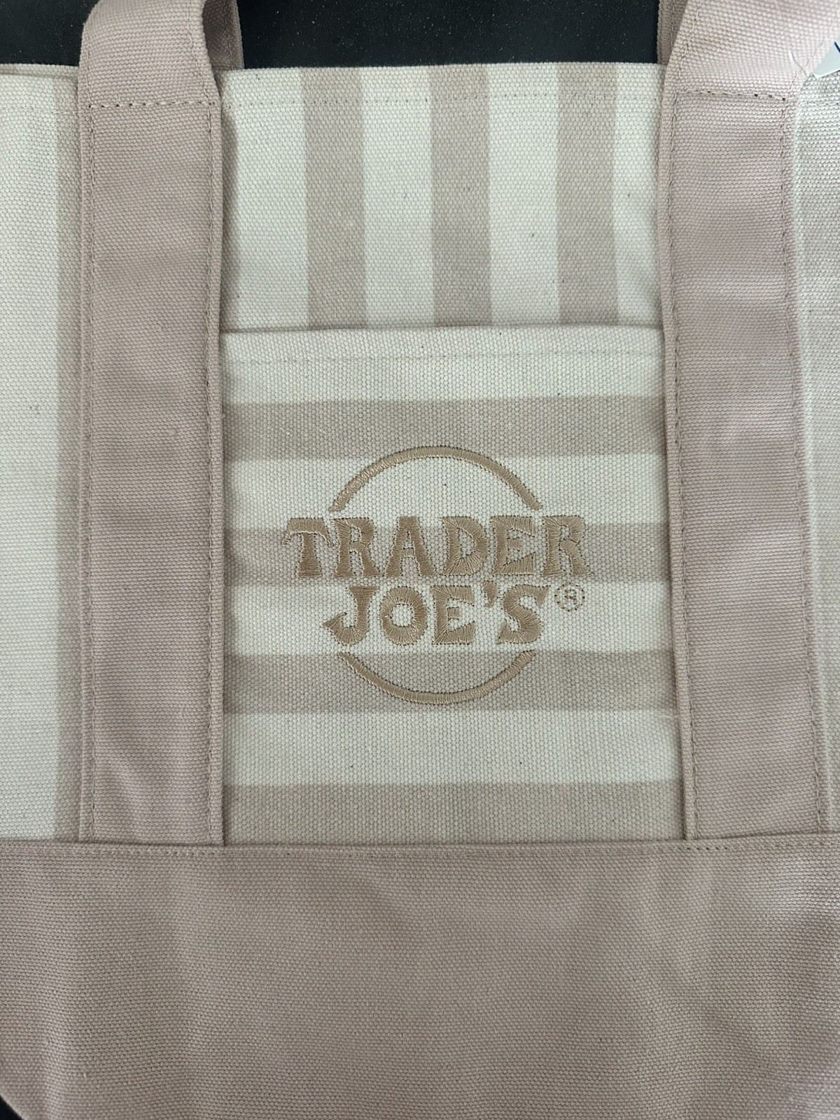 Trader Joes Striped Mini Canvas Tote Bag Limited Edition Summer Beige, nude tan