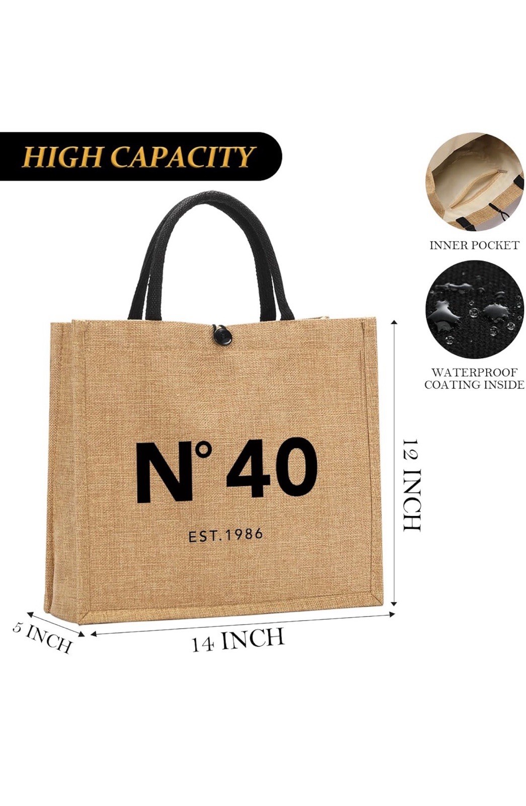 N° 40 Jute Reusable Tote Bag Waterproof Inner Pocket 14x12x5 in