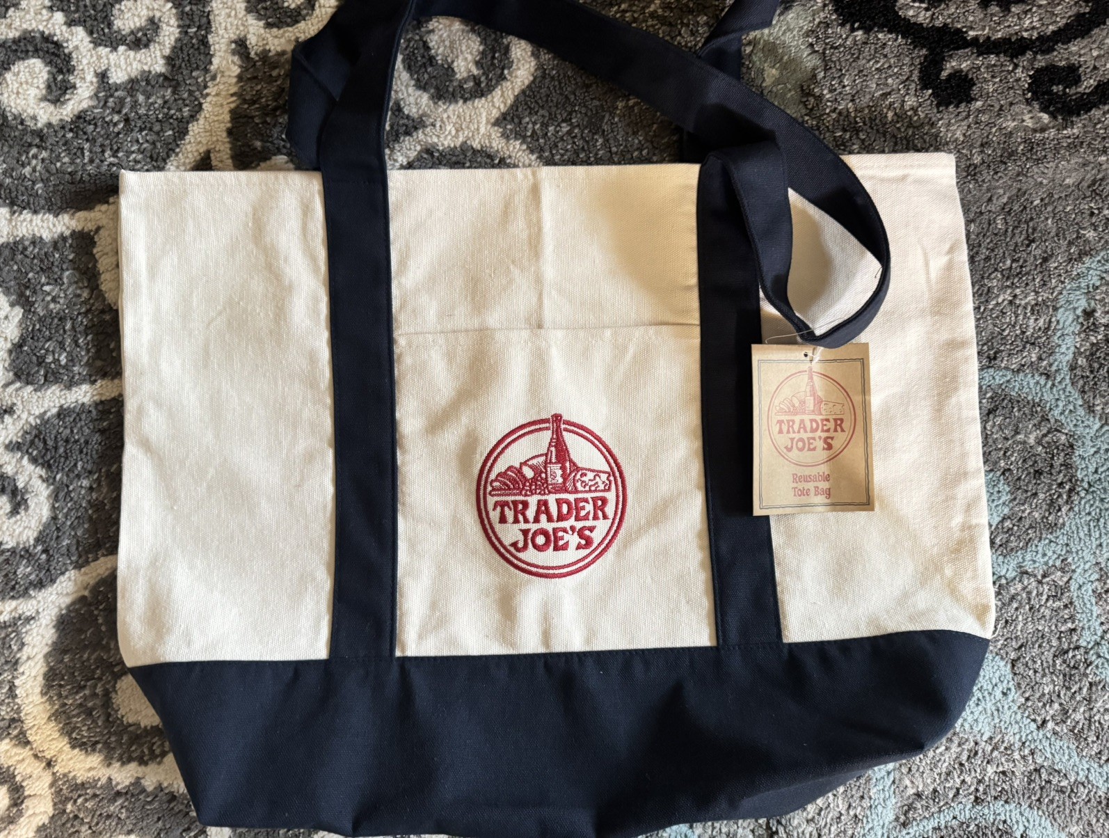 Brand New Viral But Hard To Find Trader Joe’s Large Navy Cotton Canvas Tote Bag!