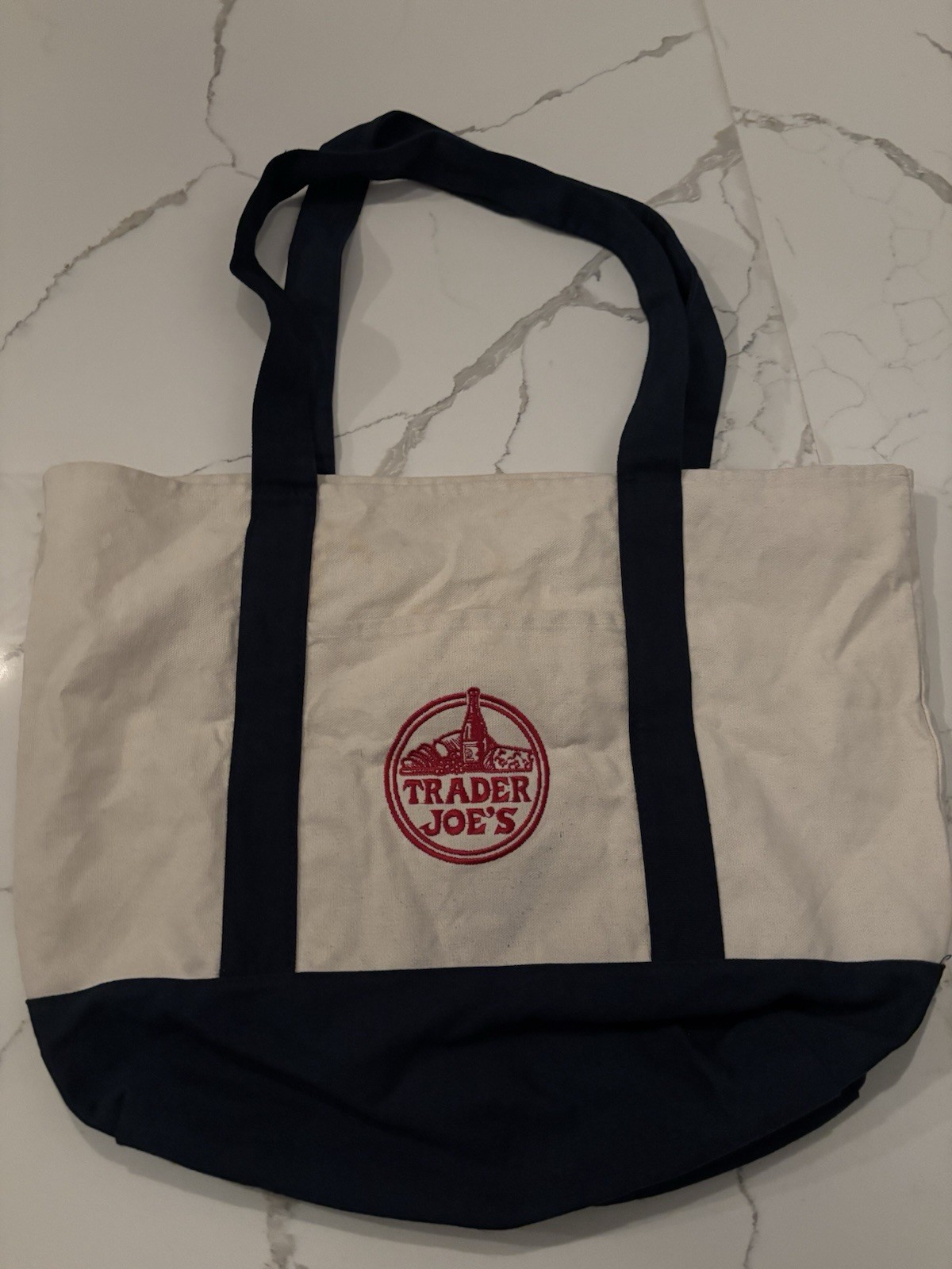 Trader Joe’s Foldable Reusable Shopping Bag White Navy Blue Cotton Polyester