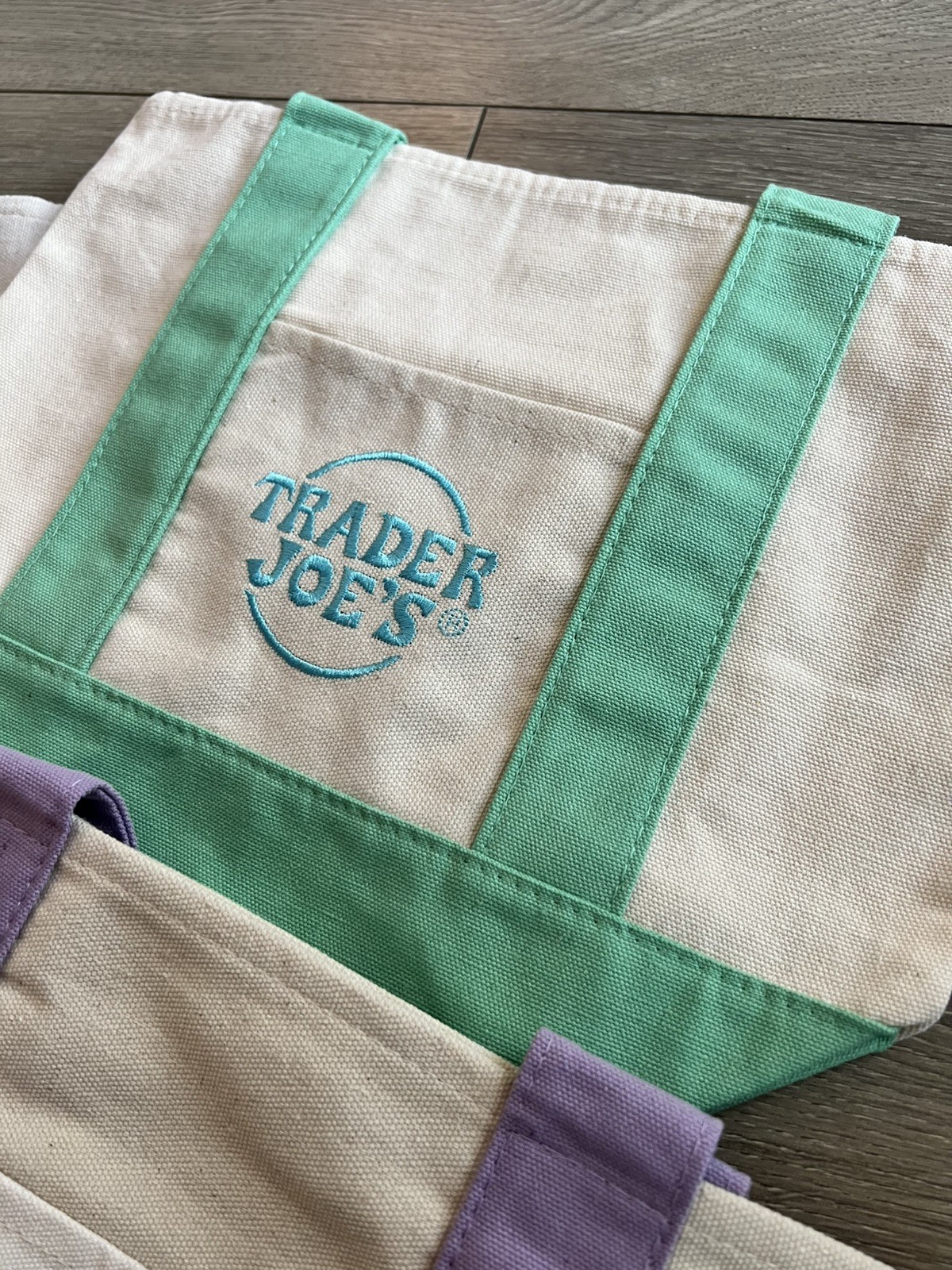 Trader Joes 4 Set Mini Pastel Canvas Tote Bag Blue Pink Purple Green 🇺🇲 Seller