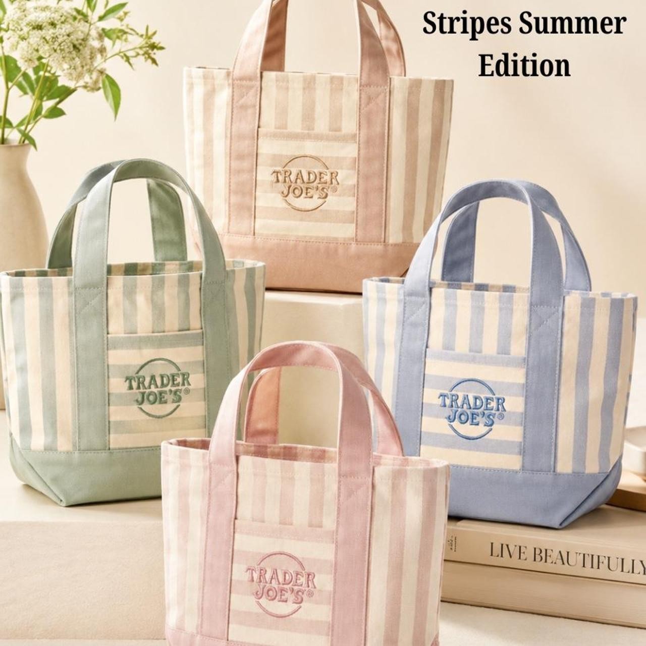 Limited Edition Trader Joe’s Mini Pastel Striped Canvas Tote Bag Set Of 4 BNWT