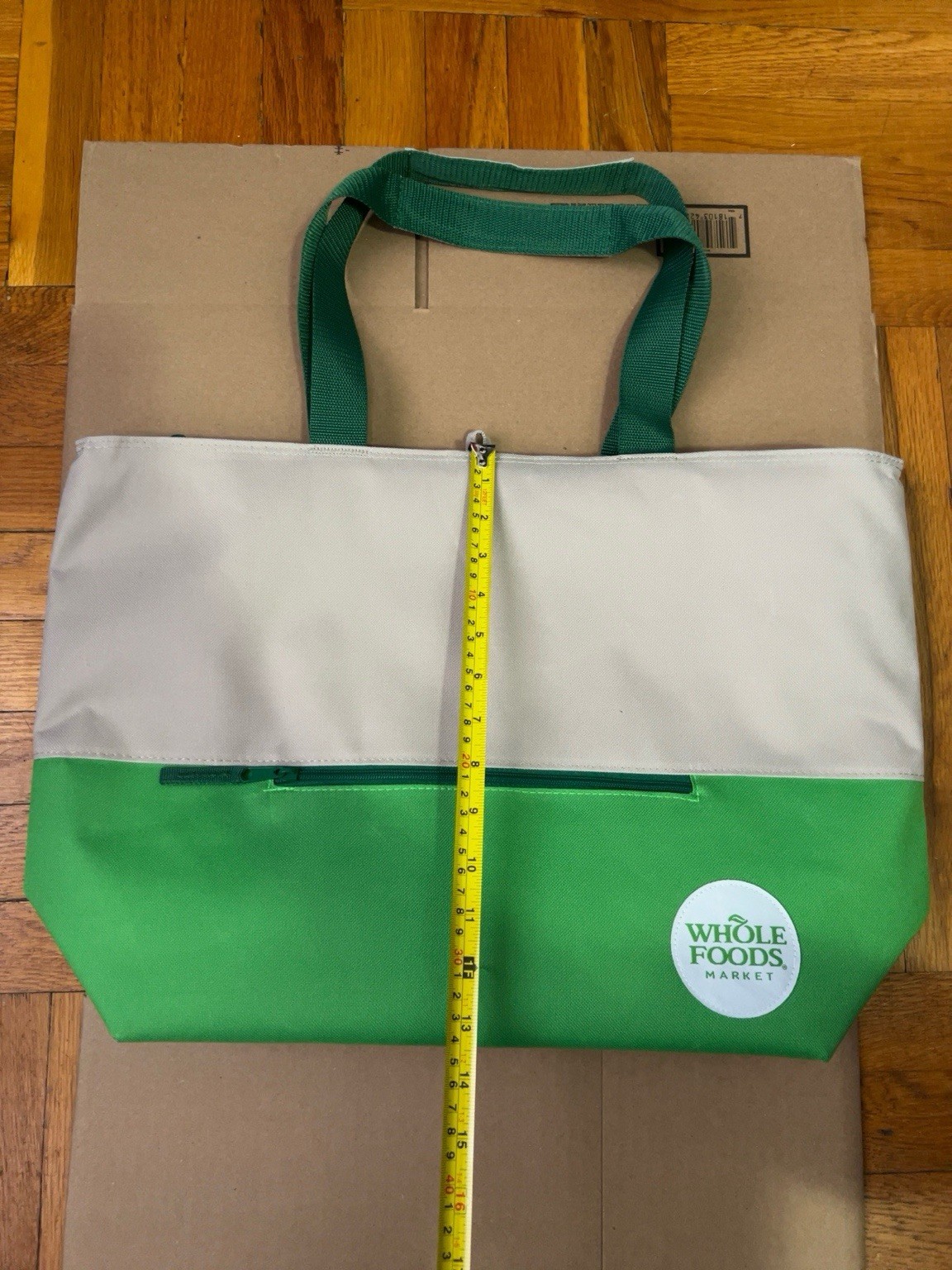 Whole Foods Market Green Gray Reusable Tote Bag Zip Pocket Grocery Shopping Bag
