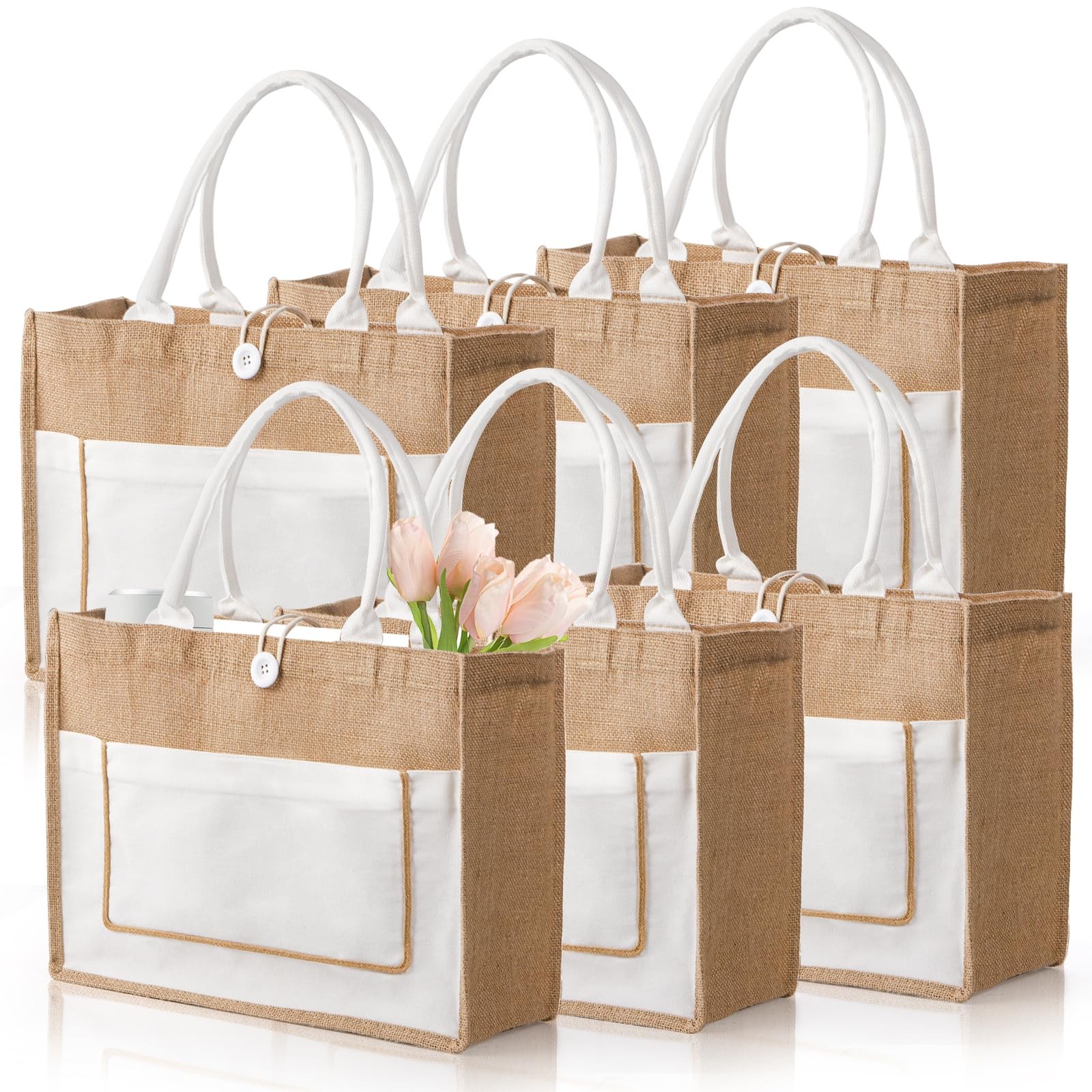 6 Pack Jute Tote Bags, 16.5″x 13″x 7″ Large Burlap Tote Bag with Handles, Bea…