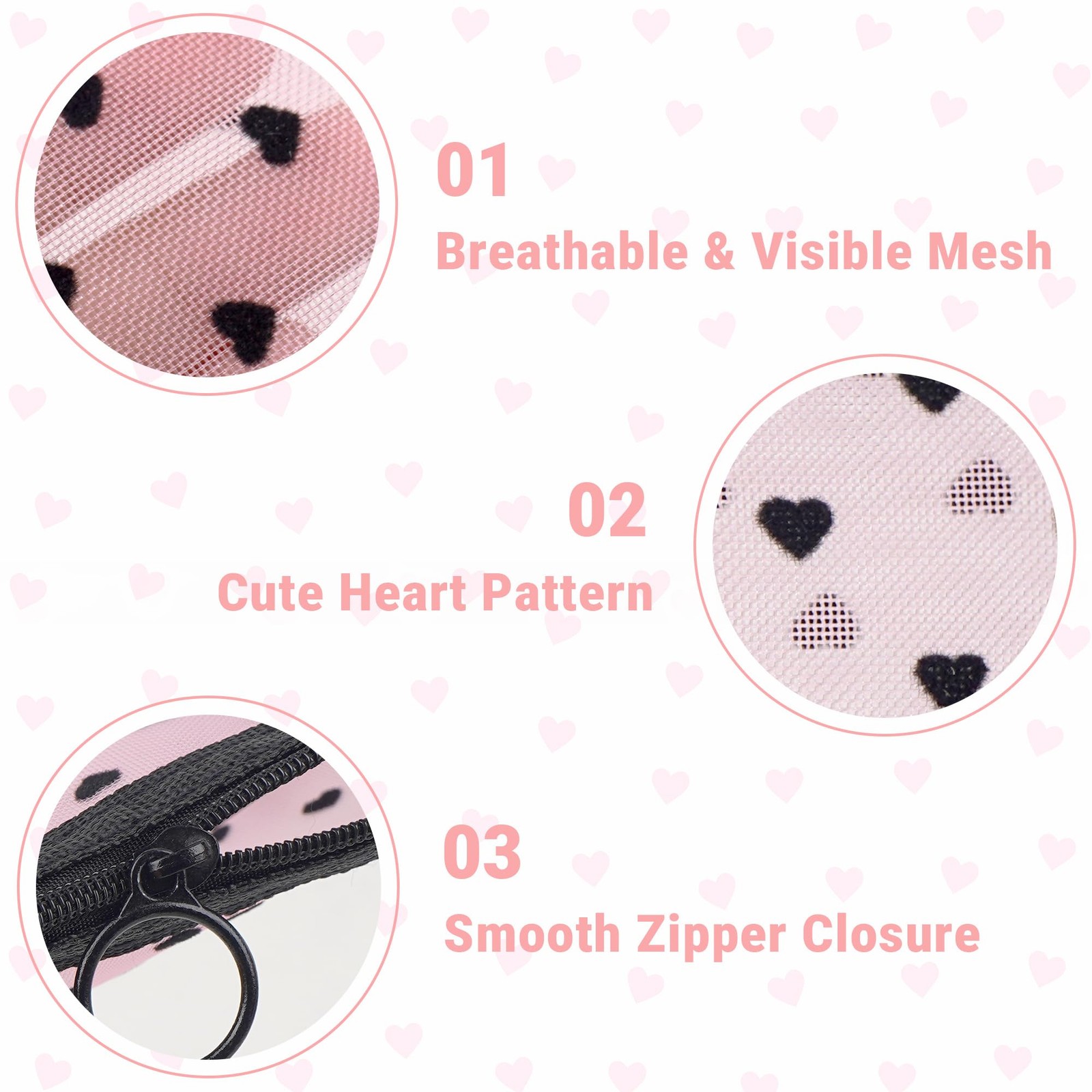Adorila 6 Pack Mini Mesh Makeup Bags, Heart Print Mini, Black/Beige/Pink
