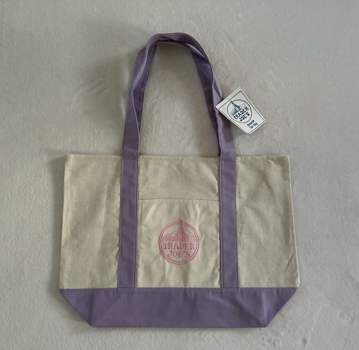Trader Joe’s Trending Large Purple Embroidered Logo Reusable Canvas Tote Bag NWT