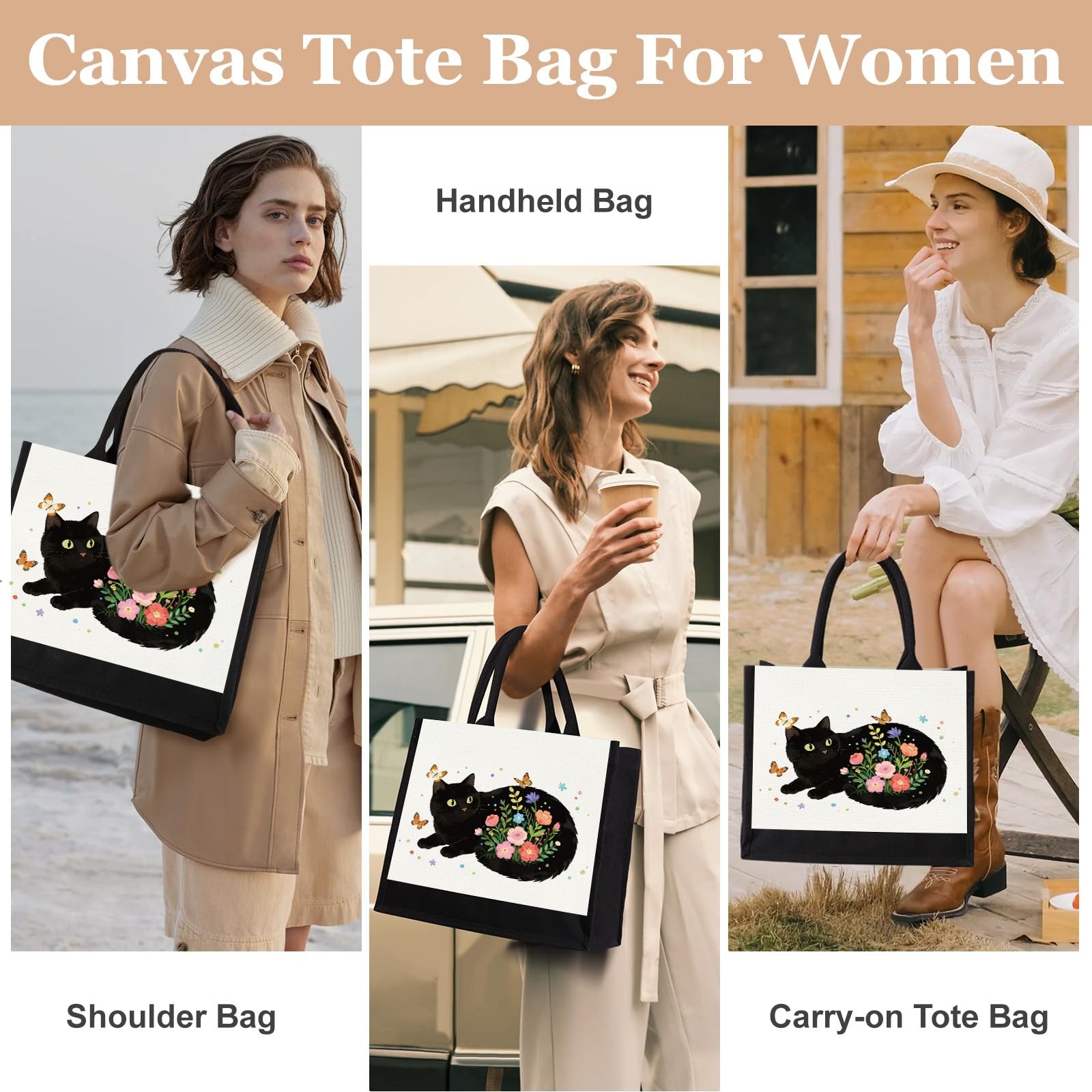 Canvas Tote Bag for Women, Cute Cat Gifts for Black Cat Lovers, Animal Lover …