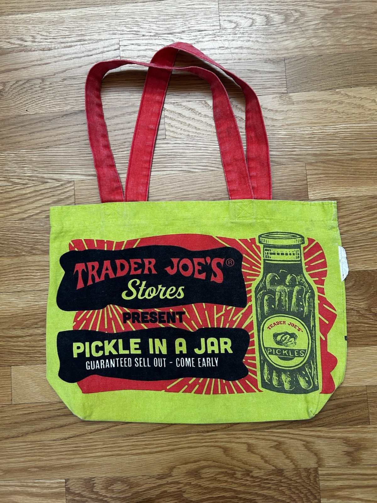 Trader Joes The Pickles Neon Green Made In USA Cotton Reusable Shopping Bag Tote