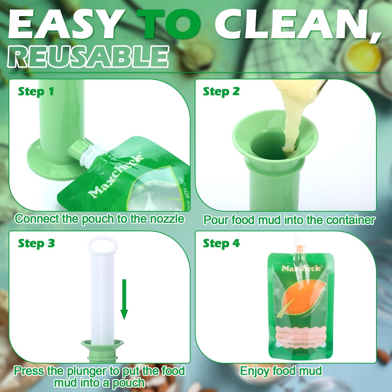 Maxcheck 53 Pcs Refillable Baby Food Pouches Maker Set green，black，white