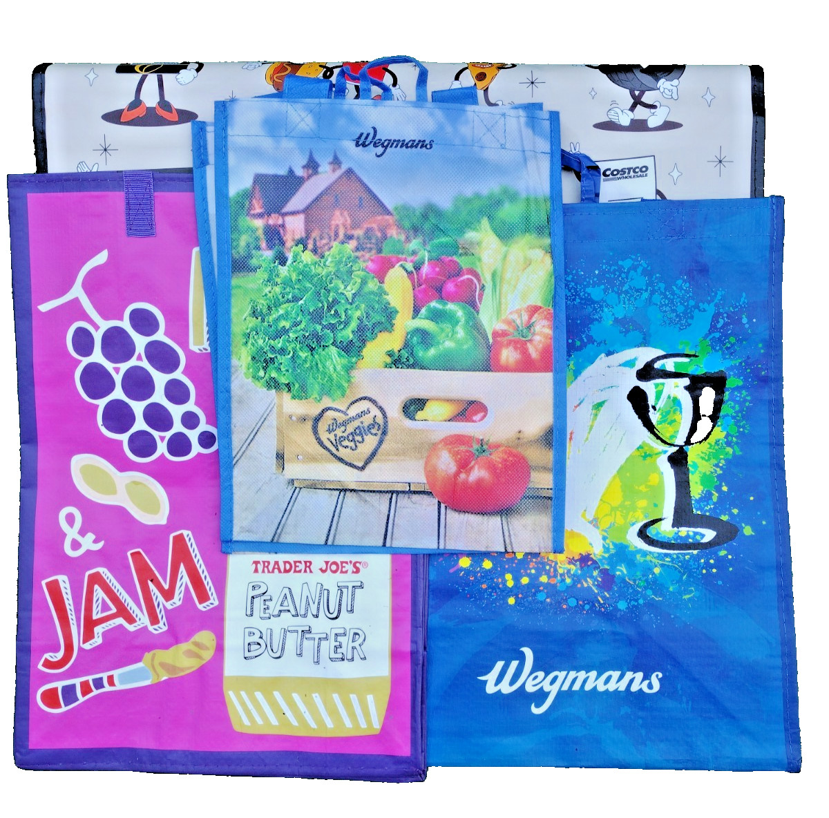 4Pc Variety Pack of a TJ PB, Wegmans, Large Costco & 1 Mini Reusable Tote Bags