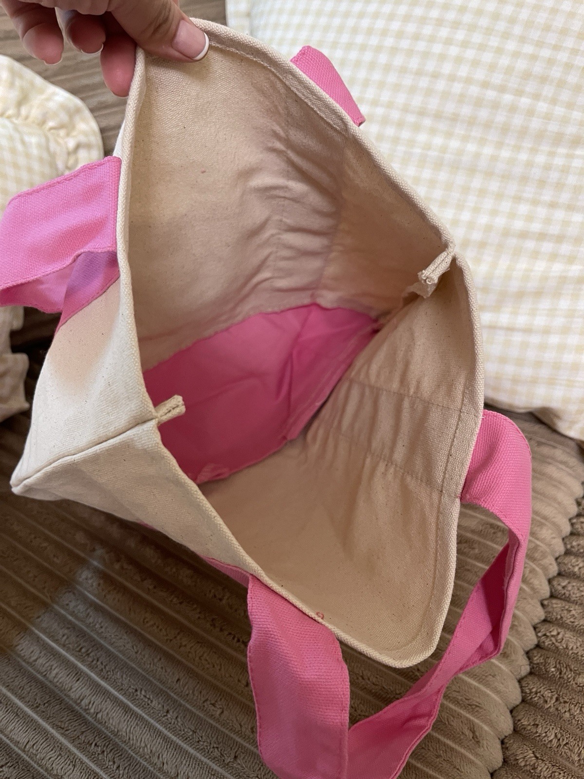 Pink/Beige Colorblock Canvas Tote Bag, Small