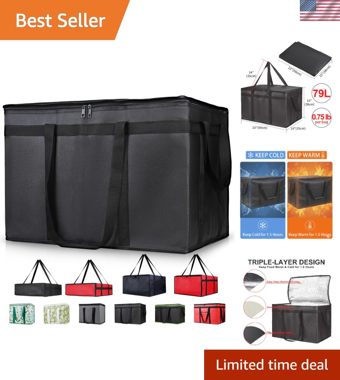 XXXL Insulated Grocery Cooler Tote Bag 22X14X13, Black, 1-Pack