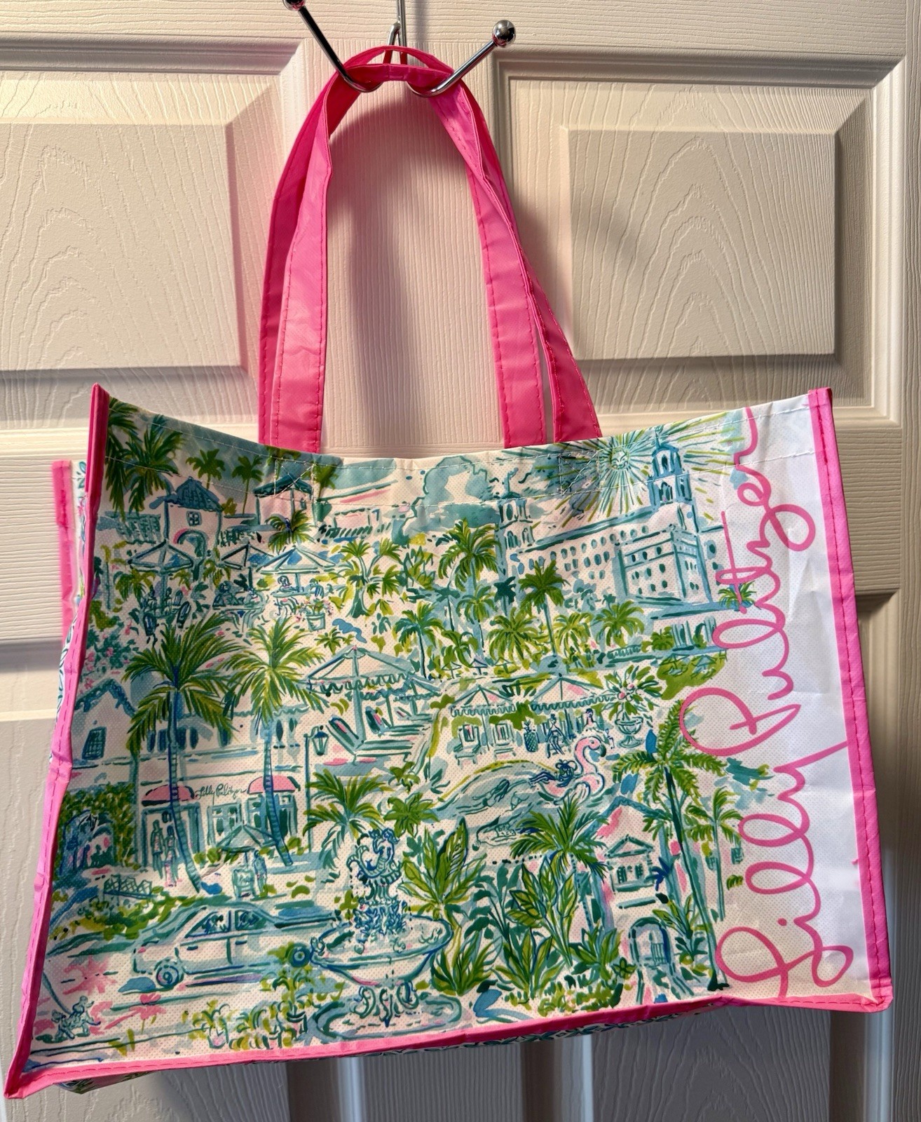 Lilly Pulitzer Reusable Shopping Bag Pink Vinyl Top Handle Tote Lightweight