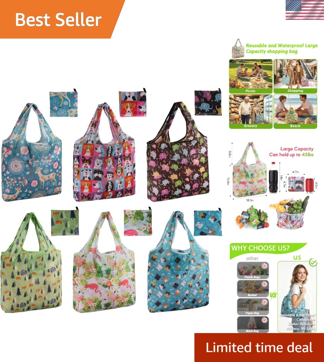 Eco-Friendly Foldable Grocery Shopping Bags – 6 Pack with Trendy Animal Prints