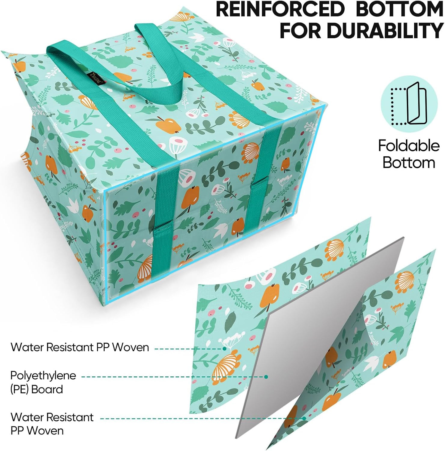 4 PK Grocery Bags Reusable Shopping Bags with Reinforced Bottom, Heavy Duty Fold